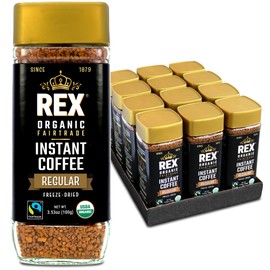 Rex Coffee Organic Fairtrade Freeze-Dried Instant Coffee – Medium Roast Arabica, 3.53 oz Glass Jar (Pack of 12)