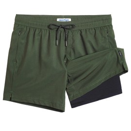 MaaMgic 5" Mens Swim Shorts with Compression Liner 4-Way Stretch Bathing Suit Swimming Shorts 2 in 1 Men's Swim Trunks with Zipper Pockets Quick Dry,Dark Green Black Cr 5.5,L