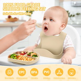 Silicone Baby Feeding Set | Baby Led Weaning Supplies | Toddler Self Feeding Dish Set with Suction Bowl, Divided Plate,Sippy Cup Spoons Forks Teether and Adjustable Bib, Eating Utensils for 6+Months
