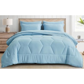 Chezmoi Collection Piper Bed in a Bag King 7-Pieces Chambray Blue Honeycomb Geometric Hexagon Quilted Stone Washed Microfiber Comforter with Sheets Lightweight All Season Bedding Set
