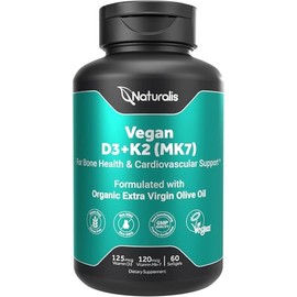 Naturalis Vegan Vitamin D3 + K2 from Algae | 5000iu Vitamin D with 120mcg MK7 Vitamin K | Vegan Society Certified, Sustainably Sourced, Better Than Animal Derived | 60 Veggie Softgels