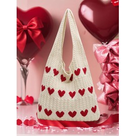 Cute Heart Pattern Crochet Summer Tote Bag for Women, Summer 2025 Large Everything Tote Bag, Large Beach Bags, Trendy High Quality Everyday Shoulder Bag for Daily, Gifts for Her:_White_Please Refer To The Pictures for Dimensions