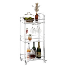 Eglaf Small Acrylic Bar cart - 3 Tier Home Bar Cart Rolling Serving Cart with 4 Lockable Wheels, Glass Holders, Handle, for Living Room, Kitchen, Bedroom, Bar, 15.6" L x 11.6" W x 35" H