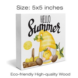Hello Summer Wood Box Sign Desk Decor Lemon Gnome Wood Block Sign Decor for Home Kitchen Shelf Wall
