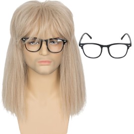 Miss U Hair Men Fluffy Blonde Wig and Full Bangs with Black Glasses Mullet Punk Cosplay Party Wig