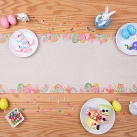 QINJIEJIE Easter Table Runner 72 Inch Long, Egg Flowers Pink Table Runner, Farmhouse Vintage Indoor Seasonal Spring Kitchen Decorations for Home Party Decor Pastel Table Runner