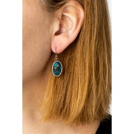 DANFORTH - Dragonfly/Teal Wire Earrings, Fine Pewter Oval Drop Ear Jewelry for Women, Symbolic of Transformation, 7/8” High, Hypoallergenic, Handcast in USA