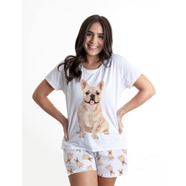 FUR OF LOVE French Bulldog yellow, fawn frenchie Bull dog lover cream, gift, Pjs Dog Pajama Set (top & Bottom) with shorts for Women, Color White (S)