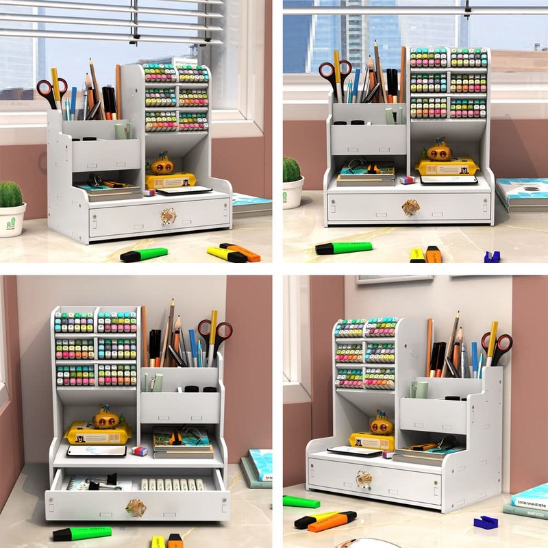 Hggzeg Desk Organiser with Drawer, Multi-Purpose Pen Holder, Stationery Desk