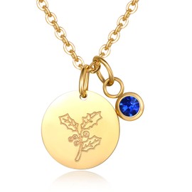 Birth Month Flower Necklace Birthday Gifts for Women - Round Disc Charm Birthstone Necklace | Dainty Gold Engraved Floral Pendant Necklaces for Teen Girls Best Friend, 18"+2" - December