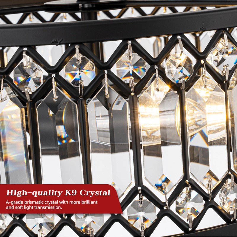 3-Light Crystal Ceiling Light, Black Semi Flush Mount Ceiling Lighting
