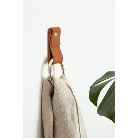 KEYAIIRA - Small Wide Leather Wall Hook, silver towel ring wall hanging strap towel hook for wall leather loop strap minimal towel bar rack storage decorative bathroom hand towel holder