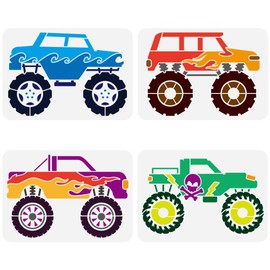 FINGERINSPIRE Pack of 4 Monster Truck Stencils for Painting, 21 x 29.7 cm, Reusable, Raised Large Tyre Painting Stencil, PET Large Wheel Stencil, Skull Pattern Stencil, Vehicle Theme Template