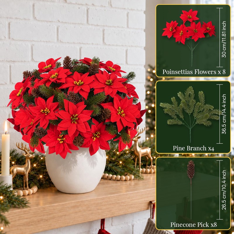 20 Pcs Christmas Poinsettia Flowers Artificial Pine Stems with Pinecone
