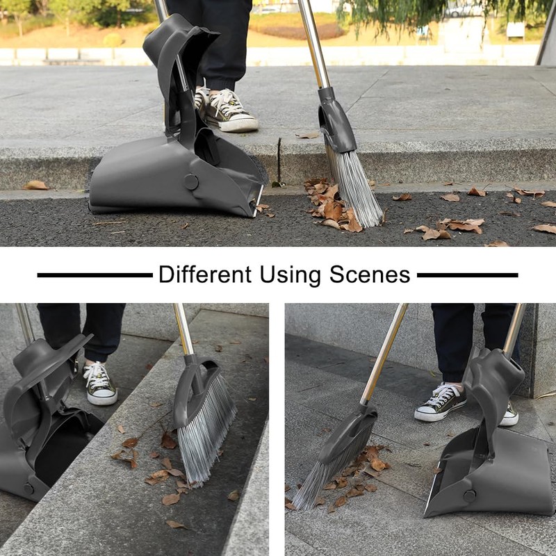 Long Handle Heavy Duty Broom and Dustpan Set, Outdoor and