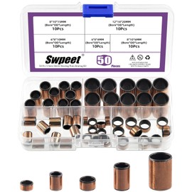 Swpeet 50cs 5 Size 6mm(Bore)×8mm(OD), 8mm(Bore)×10mm(OD), 12mm(Bore)×14mm(OD) Sleeve Bearing Assortment Kit, Plain Bearings Wrapped Oilless Bushings, Bronze Sintered Sleeve Bearings