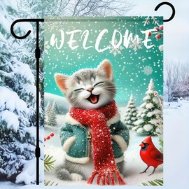 Merry Christmas Cat Garden Flag for Outside, Double Sided Small Polyester Cardinals Snowflake Christmas Flags Farmhouse Yard Seasonal Decoration 12x18 Inch