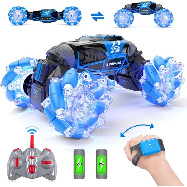 Powerextra LED Gesture Rc Car, 4WD 2.4GHz Remote Control Gesture Sensing Car, Double Sided 360° Rotating Transform Off Road Rc Stunt Car with Lights for 6-12 Year Old Boys & Girls