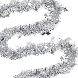 6 Pack Christmas Chunky Tinsel Garlands with Star, Thick Xmas Tinsel Hanging Decoration for Christmas Tree Stairs Decor Xmas Holiday Home Office Indoor Outdoor Party Supplies (Silver)