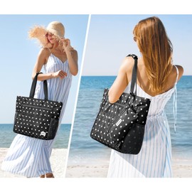 G4Free Beach Bag, Waterproof Sandproof Beach Tote Bag, Large Capacity Foldable for Women, Black and White Polka Dots