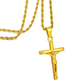 Speroto Jesus Cross Necklace for Men, Silver and Gold Mens Carved Jesus Cross Pendant with Wheat Chain, Simple Jewelry Gift for Men Women (rope chain-gold, 20 inch)