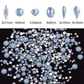 Tisslan 60pcs 6 Different Shapes Flatback Blue Opal Nail Rhinestones 480pcs Round 3D Diamond Gems Bulk Pack for Nail Design Jewels Decoration