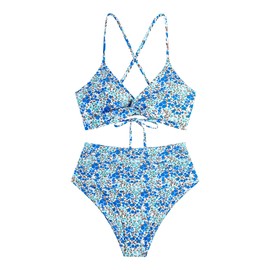 ZAFUL Twist High Waisted Bikini for Women Cross Lace Up Bathing Suit Ruched Bikini Swimsuits Tummy Control Swimwears, Z-blue Floral, X-Large