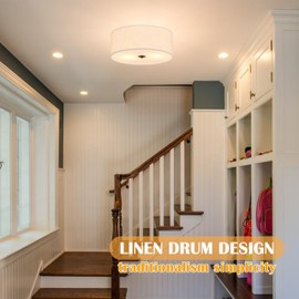 12.6 Inch Flush Mount Ceiling Light 2-Light Drum Modern Black Light Fixture Ceiling Light Fixture Close to Ceiling Light Fixture with Fabric Shade for Living Room Hallway Entryway Kitchen Bedroom