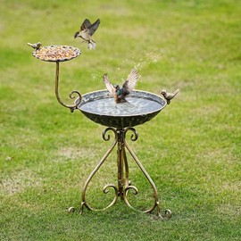 Bird Baths for Outdoors, Free-Standing Bird Bath and Bird Feeder 2-in-1 Design, Metal Bird Bath Stand and Bird Feeder Seed Tray for Garden Yard Decor