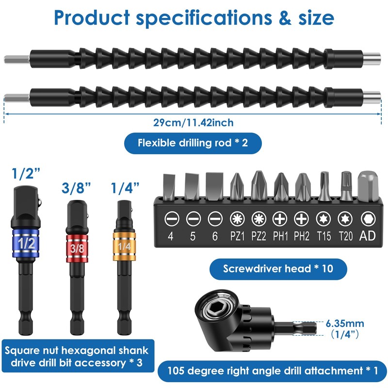 16Pcs Flexible Drill Bit Extension Kit Quick Release Soft Shaft