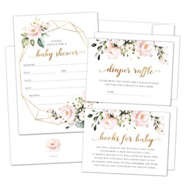 Set of 25 Pink Floral Baby Shower Invitations, Diaper Raffle Tickets and Book Request Cards with Envelopes by Hat Acrobat | It's a Girl Boho Invites for Gender Reveal Party or Baby Sprinkle