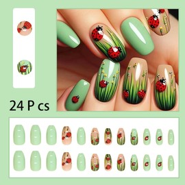 24pcs Summer Press on Nails Medium Square Green Fake Nails with Insect Designs Flower Grass Glue on Nails Full Cover Glossy Artificial Nails for Women Girl Nail Decoration Supplies