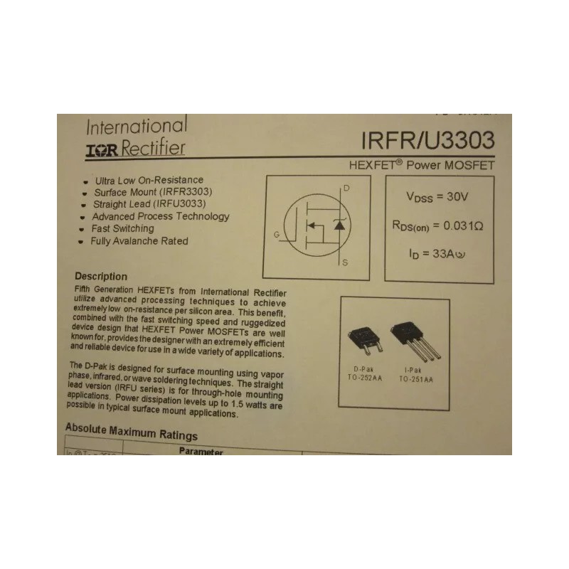 Infineon 2 PCS IRFR3303 Power Field-Effect Transistor 20A I(D), 30V,