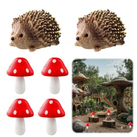 ChAusa Pack of 6 Hedgehog Decorative Garden Resin, 2 Hedgehogs and 4 Mushrooms Mini Garden Decoration, Resin Fairy Garden Accessories, Waterproof, Miniature Animals Hedgehog Mini Mushroom Decoration