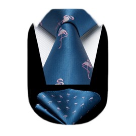 HISDERN Flamingo Tie for Men Blue Ties Handkerchief Novelty Animal Pattern Wedding Necktie & Pocket Square Set