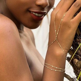 Inilbran Boho Layered Finger Ring Bracelet Vintage Line Chain Hand Bracelet Gold Link Chain Bracelets Simple Adjustable Slave Link Bracelets Jewelry for Women