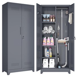 GREATMEET 65" H Metal Storage Cabinet with Pegboard,Grey Broom and Mop Utility Cabinet for Home,Kitchen,Garage