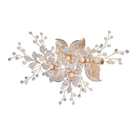 HONEY BEAR Women's Bridal Jewellery Flower Hair Combs Hair Clips for Wedding, Crystal Rhinestone with Simulated Pearls Hair Accessories, White, Reusable (Gold Leaf Flower)