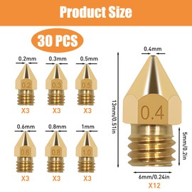 Batheidon 3D Printer Brass Nozzles, 3D Printer Accessories, Accessories for 3D Printers - 0.2 mm to 1.0 mm for Ender 3 Series and Compatible 3D Printers, 30 Pieces