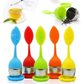 VERALY | 2 Filtros Infusor Té Reutilizable Diseño Hoja Silicona Grado Alimenticio Filtro Acero Inoxidable de Tres Partes Con Base Paquete Dúo Bolas Infusores Coladores Té (Celeste y Naranja)