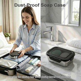 Vonpri Stainless Steel Travel Soap Case, Airtight Snap Lock Lid Leak Proof Soapbox, Built-in Drainage Rack Dry Fast Shampoo Bar Soap Holder for Shower, Gym, Camping (Rectangular)