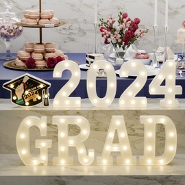Graduation Party Decorations 2024-8 LED Long Marquee Light Up Letters 'Grad 2024' and 1 'Doctorial hat' - Graduation Party Decor for Kindergarten Preschool High School College Graduation(White)