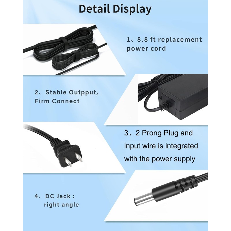 12V Power Cord Compatible for snailax,for Comfier Back/Foot Massager(CF-2206N,CF-2309A,CF-2307A,CF-5212,CF-5701,CF-6006N) 12v