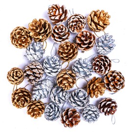27 Pieces Christmas Pine Cones, xmas tree decorations, Snow Pine Cones with Rope,Mini Pine Cones Pendant 3 Color Gold/White/Silver