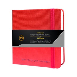Watercolour Journal 300gsm /140lb 100% Cotton Paper 24 Sheets Hot-Pressed Acid Free Off-White Paper Sewn Binding 4.7" X 4.7" for Artists Wet Media and Mixed Techniques - Leatherette Cover (Red)
