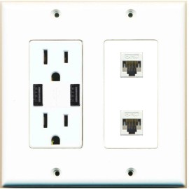 Wallplate City 2 Port CAT5E Ethernet F-F Wall Plate w-2 USB Charger Power Outlet