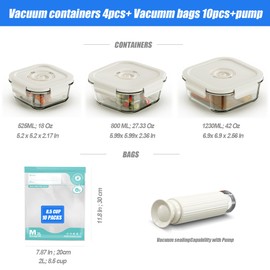 CABIBOX Glass Vacuum Seal Containers for Food Storage, Set of 3 Borosilicate Glass Sealer Container, 10 Reusable Food Saver Sealer Bags, Keep Food Fresh Longer, Ideal for Meal Prep, Marinating| Square