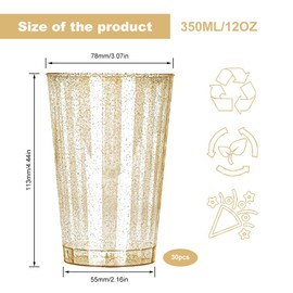 Clear Plastic Cups, 30PCS Gold Glitter Plastic Reusable Drinking Elegant Party Perfect for Fancy Wedding Thanksgiving Christmas(350ML)