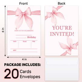 LETUROIA Bow Pink Birthday Invitation Cards, Birthday Party Invitations For Girls, Birthday Party Favors Decorations Supplies, Invitations With Envelopes Double-Sided 20 Cards -07