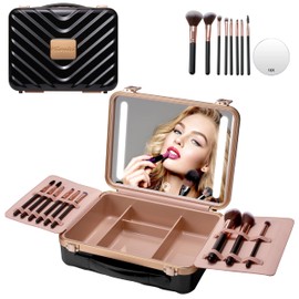 Mocado Travel Makeup Case with Lighted Mirror, Makeup Box with 8 Makeup Brushes and 10x Magnifying Mirror,Cosmetic Case Adjustable Brightness Makeup Train Case with Makeup Brushes Divider(Black)
